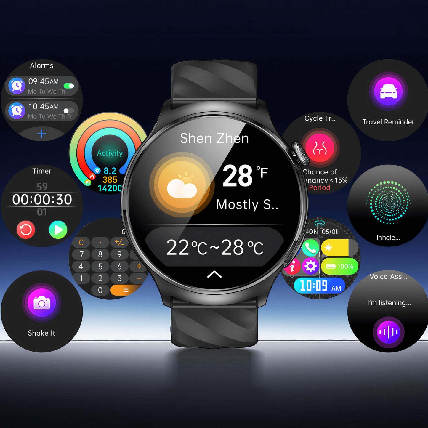 Aegis M6 Health Monitoring Smartwatch with various app icons displayed on a dark background