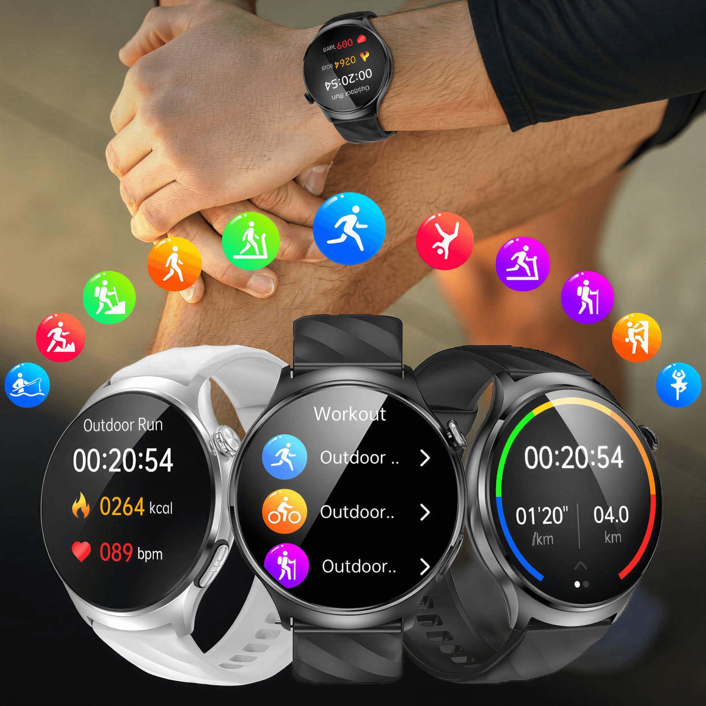 Aegis M6 Health Monitoring Smartwatch with fitness app icons and activity tracking on a blurred background