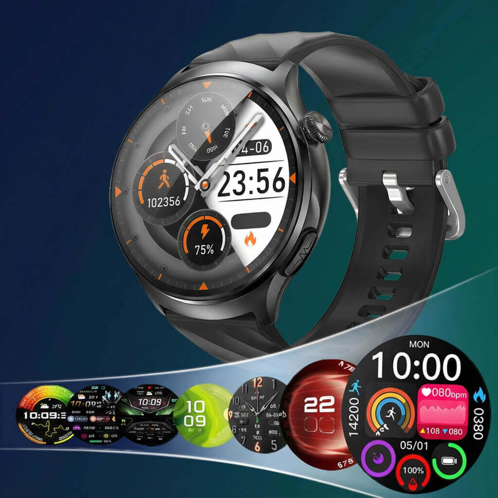 Aegis M6 Smartwatch with a black strap on a gradient blue background, displaying various app icons.