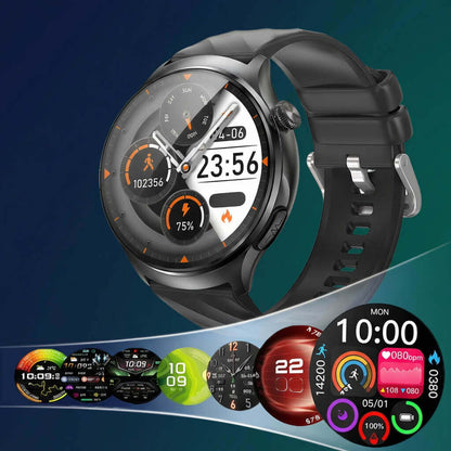 Aegis M6 Smartwatch with a black strap on a gradient blue background, displaying various app icons.