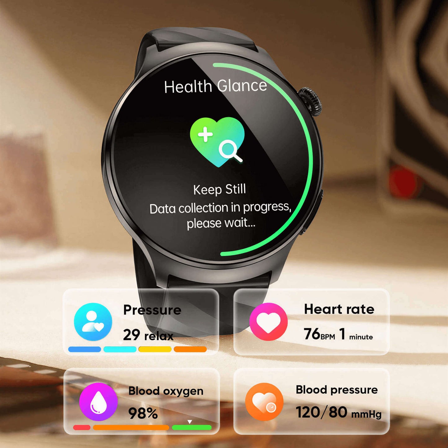 Aegis M6 Smartwatch displaying health metrics on a blurred background