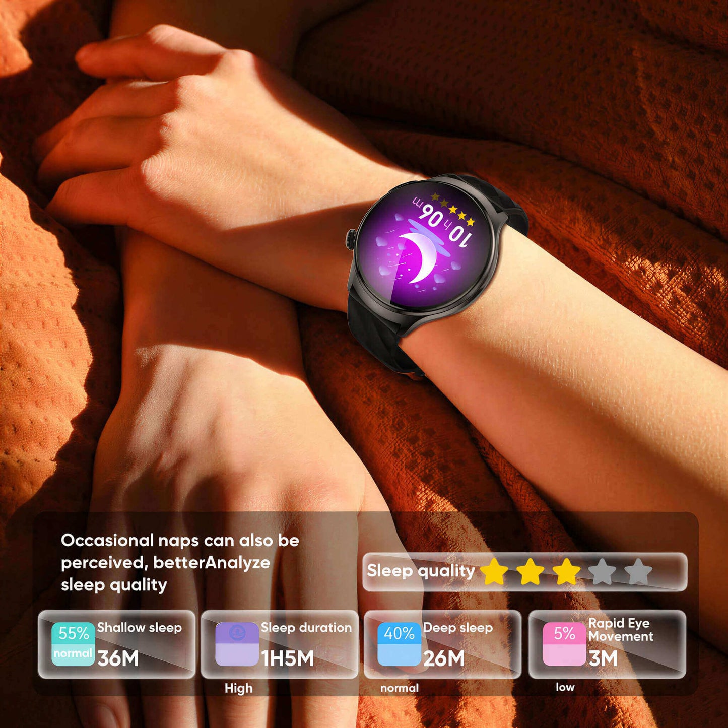 Aegis M6 Smartwatch on a wrist with sleep quality analysis displayed, on a warm-toned fabric background.