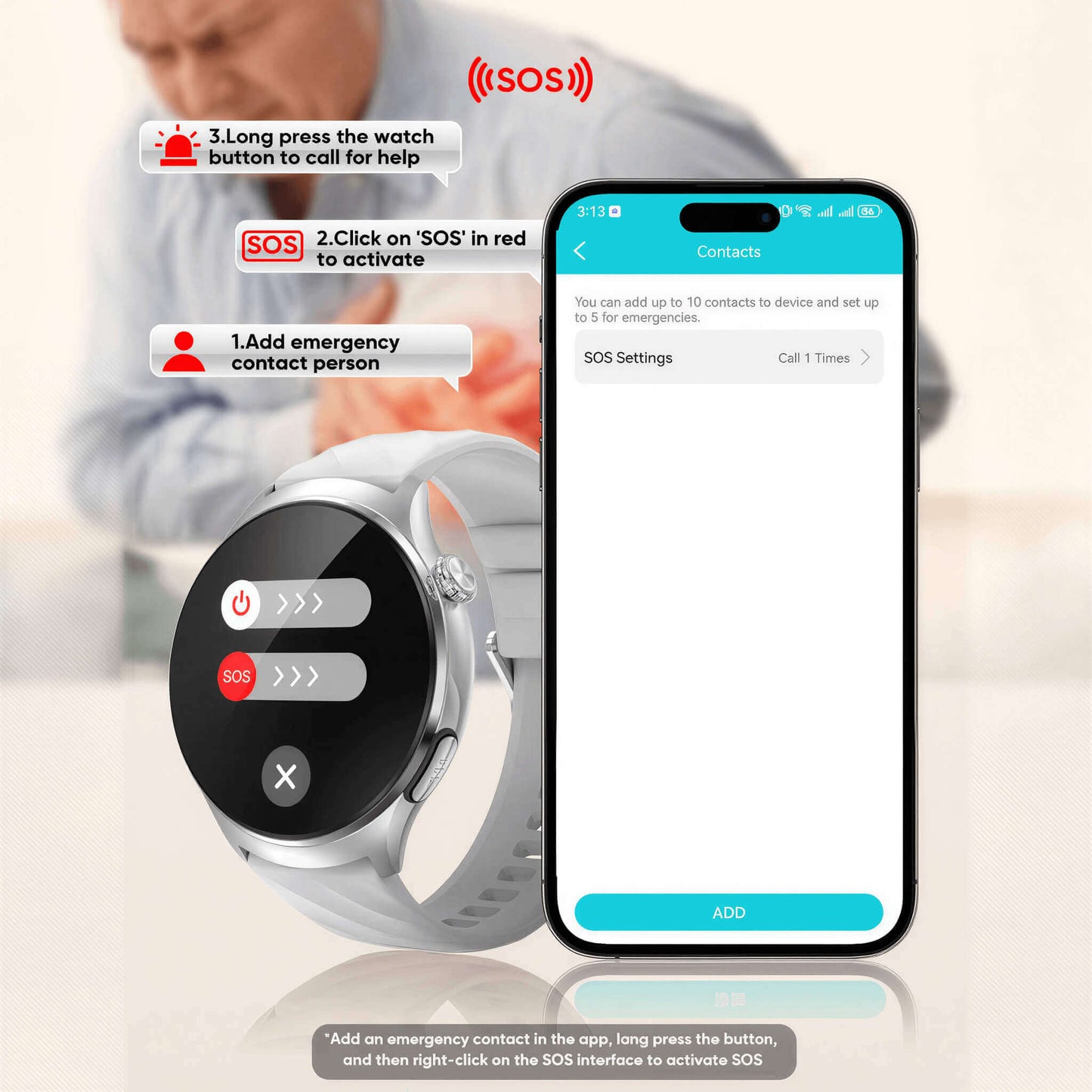 Aegis M6 Smartwatch and phone displaying SOS emergency features with a person in the background.