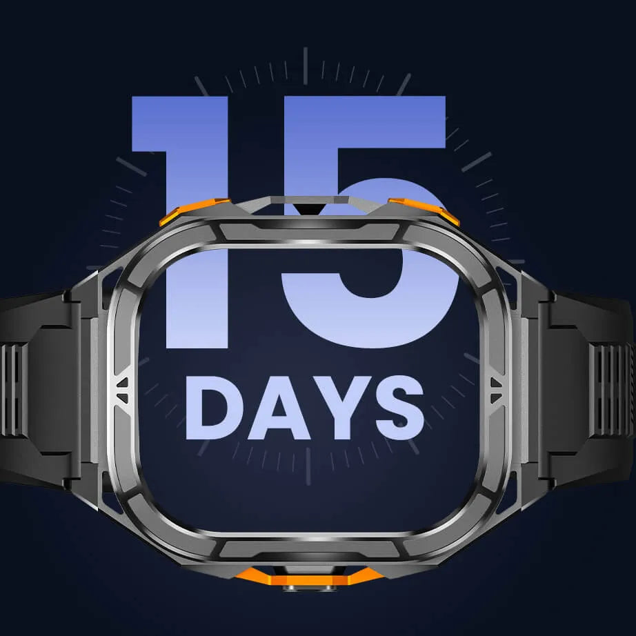 A digital graphic of a futuristic Aegis X5 GPS Sportswatch with a dark gray and black strap, featuring orange accents on the bezel. The watch face displays a dark blue background with a large light blue '15' and the word 'DAYS' in white.
