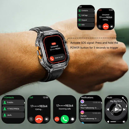 A Aegis X5 GPS Sportswatch with a black strap and clear protective case is worn on a person's wrist. The watch screen shows emergency-style app interfaces including contacts, call logs, incoming calls, notifications, and music controls.