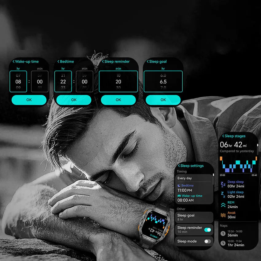 A man lying down with his eyes closed, wearing a Aegis X5 GPS Sportswatch on his wrist. The watch screen displays sleep tracking interfaces and metrics, with a dark background and bright cyan accents.