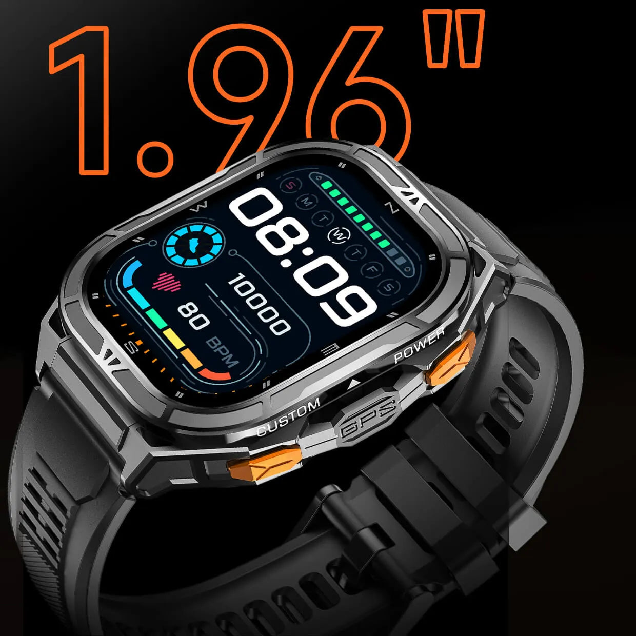 A rugged Aegis X5 GPS Sportswatch with a metallic silver and black case and a black textured strap, shown at an angle on a black background with orange text reading '1.96"'.