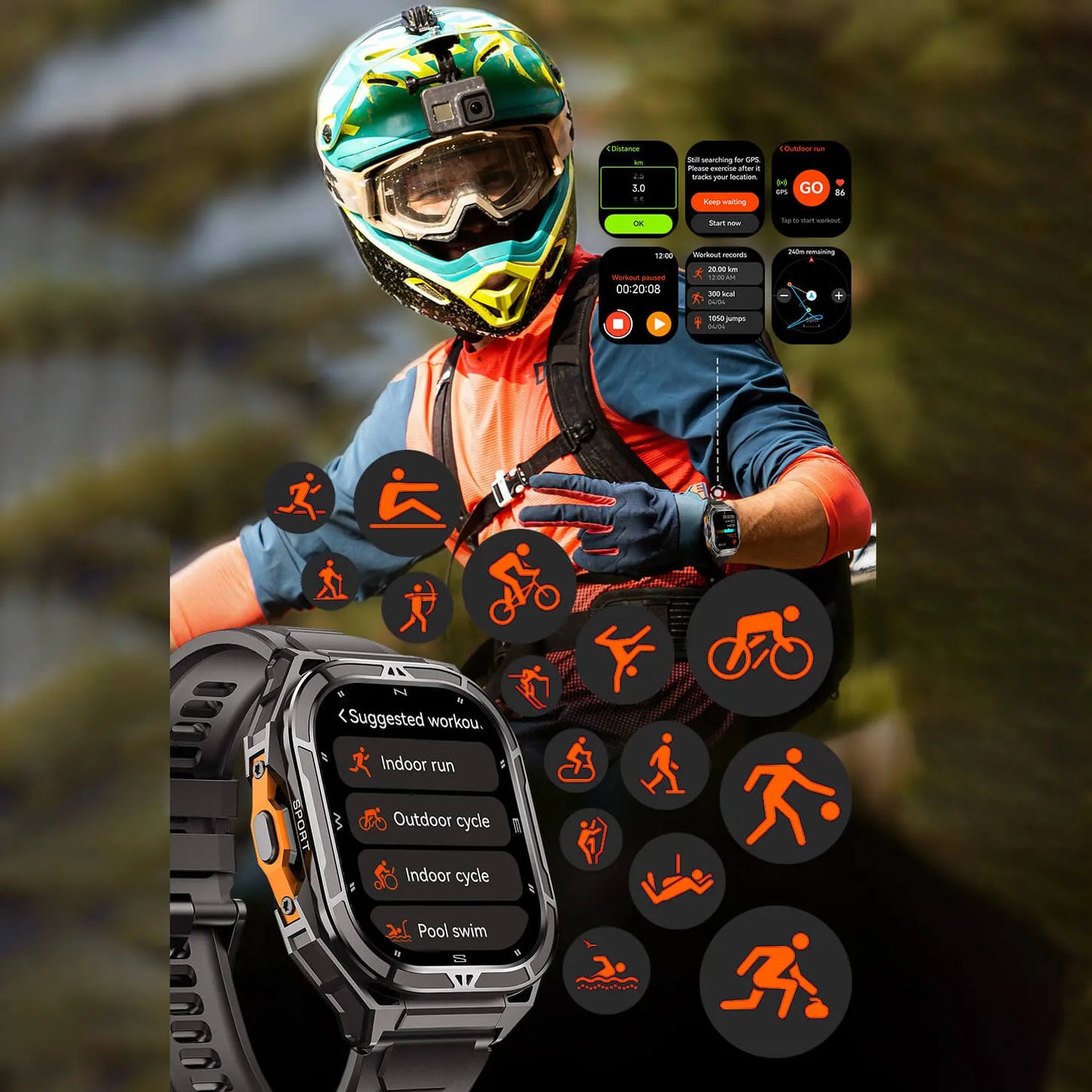 A rugged Aegis X5 GPS Sportswatch with an orange accent is shown in a close-up, alongside a rider in a green and blue mountain bike helmet and jersey riding outdoors. Several circular app screens displaying workout icons are overlaid on the image.