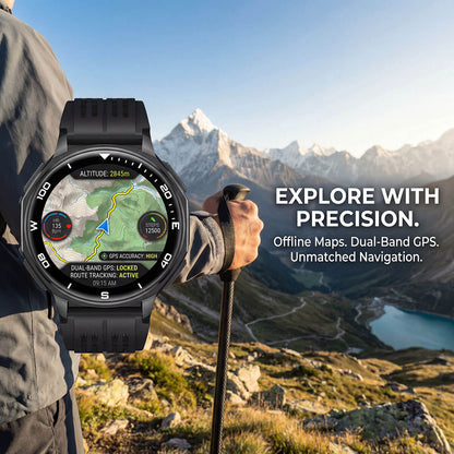 Person holding a Aegis XS99 GPS Smartwatch with mountainous landscape and text about navigation features.