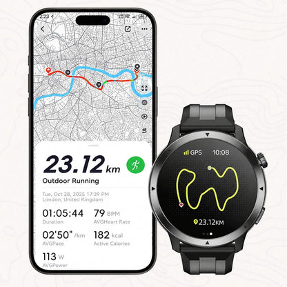 A black Aegvita S8 AI-Powered Fitness Smartwatch shown next to a smartphone displaying a running map and workout stats. The watch has a black strap and black bezel, and the phone screen shows an outdoor running route with distance, time, heart rate, and calories.
