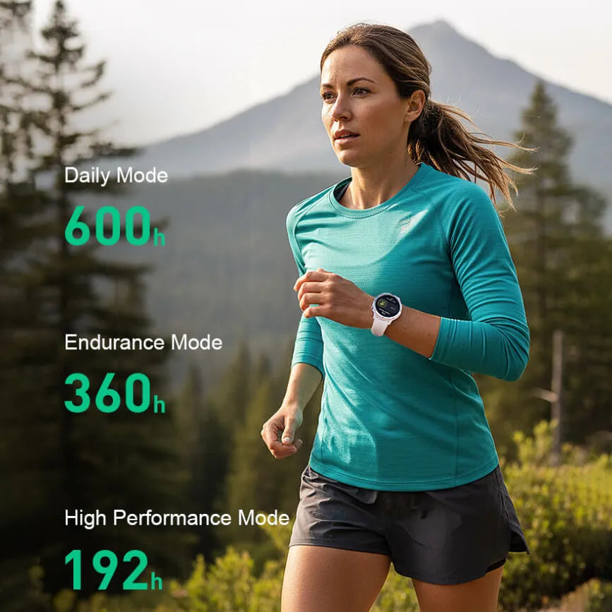 A woman running outdoors in a teal long-sleeve athletic shirt and dark shorts, wearing a Aegvita S8 AI-Powered Fitness Smartwatch. Mountain scenery is blurred in the background, and text on the left lists battery modes: Daily Mode 600h, Endurance Mode 360h, and High Performance Mode 192h.