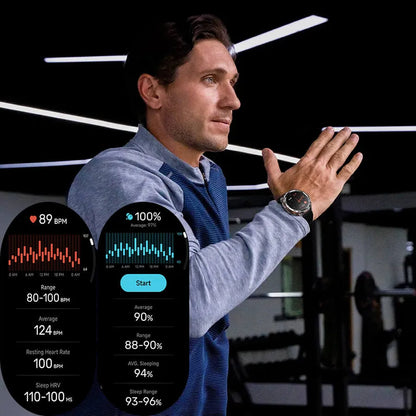 A man in a gym wearing a Aegvita S8 AI-Powered Fitness Smartwatch, with two large digital heart rate and activity readout graphics overlaid in the foreground. The watch appears to be the product being demonstrated in a real environment, so this is Lifestyle rather than Product/Packaging.