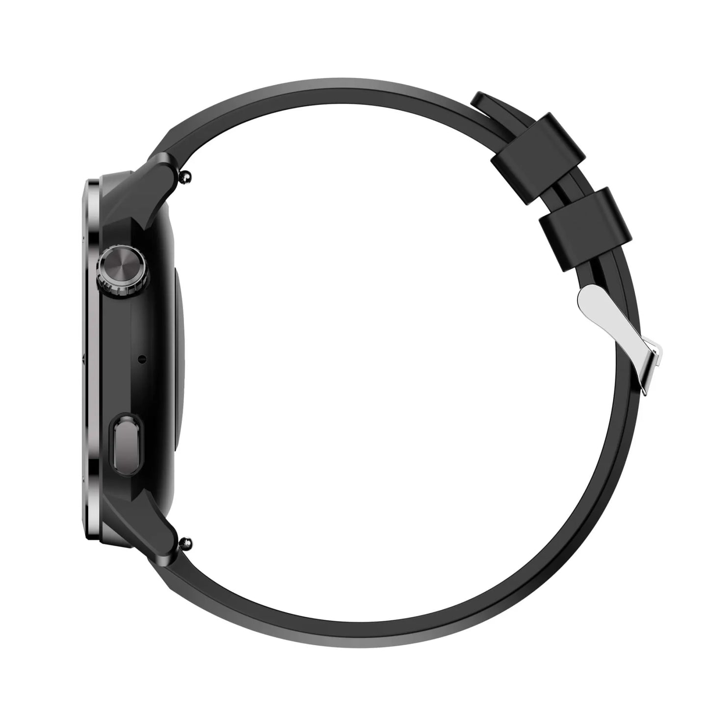 A black Aegvita S8 AI-Powered Fitness Smartwatch shown from the side profile, featuring a matte black silicone strap with a silver-toned metal clasp, set against a solid white background.