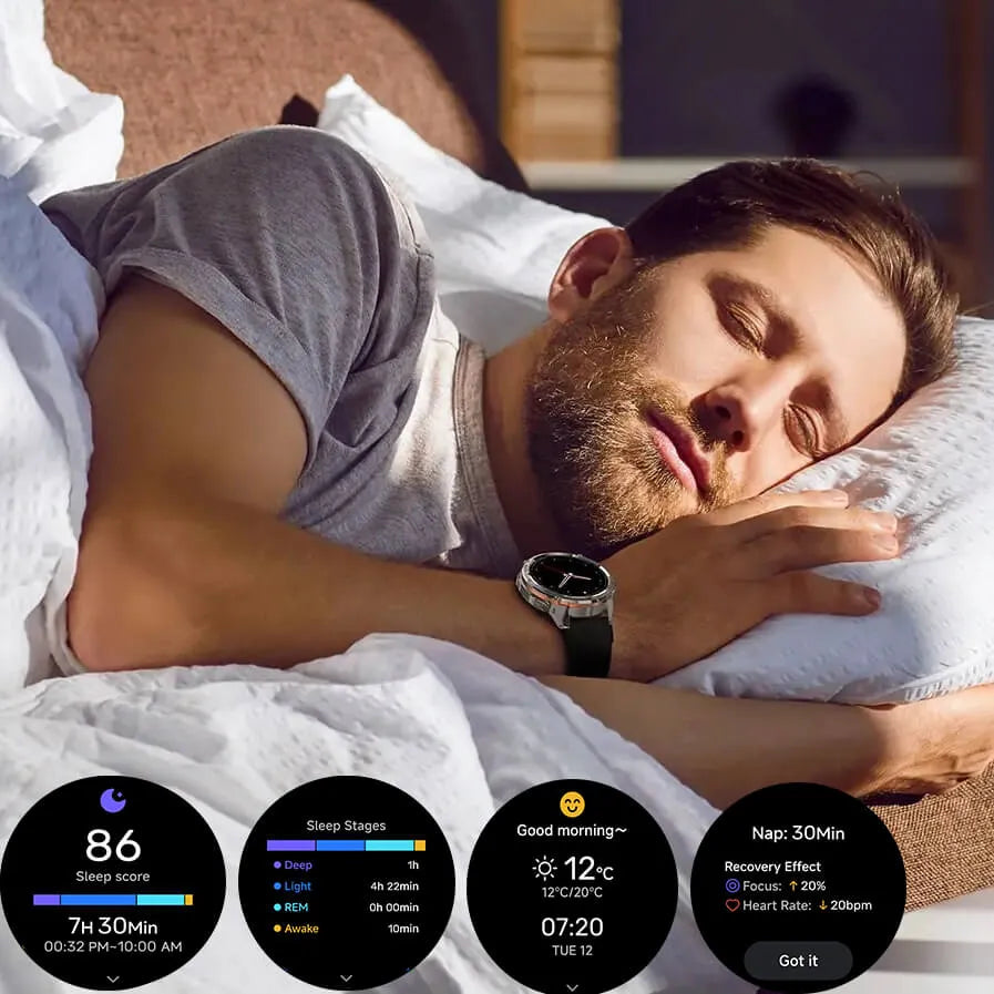 A man sleeping in bed wearing a Aegvita S8 AI-Powered Fitness Smartwatch, with four circular app screens at the bottom showing sleep stages, time, weather, and nap progress.