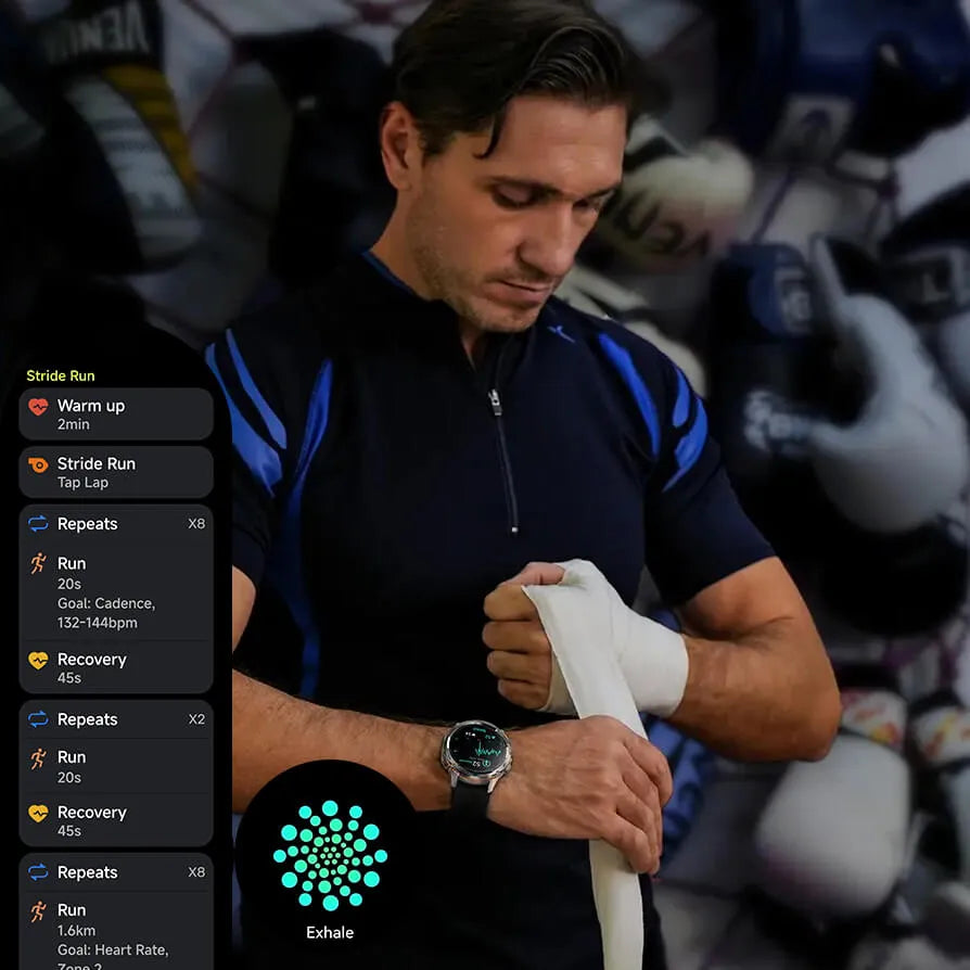 A man in a dark blue athletic shirt wraps a white bandage around his wrist, with a Aegvita S8 AI-Powered Fitness Smartwatch app overlay showing a running workout plan and a glowing circular heart-rate graphic. The background is a blurred gym setting with sports equipment.