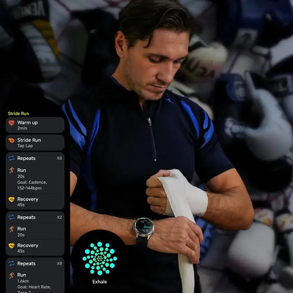 A man in a dark blue athletic shirt wraps a white bandage around his wrist, with a Aegvita S8 AI-Powered Fitness Smartwatch app overlay showing a running workout plan and a glowing circular heart-rate graphic. The background is a blurred gym setting with sports equipment.