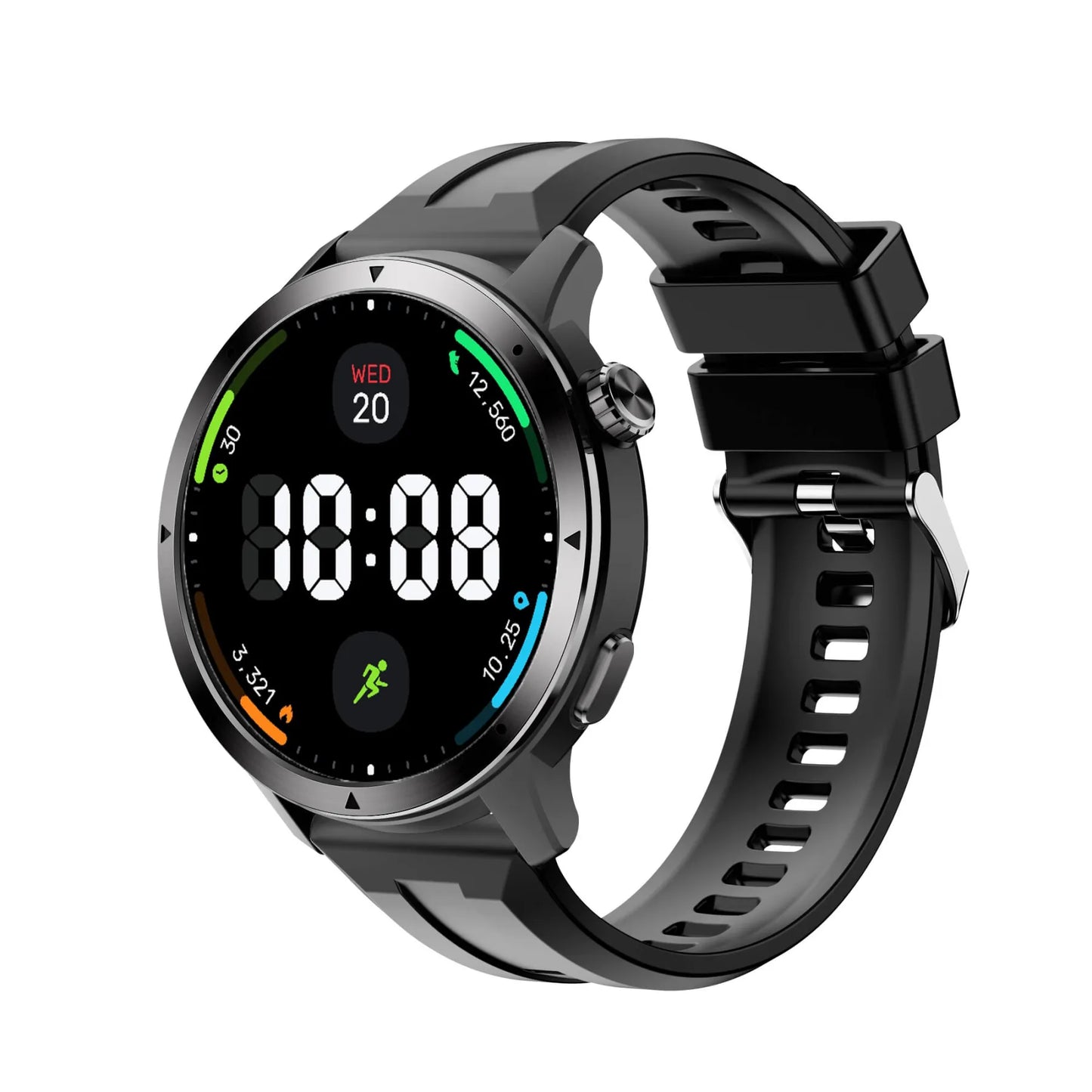 A black Aegvita S8 AI-Powered Fitness Smartwatch with a round digital display and a matching black perforated silicone strap, shown on a plain white background.