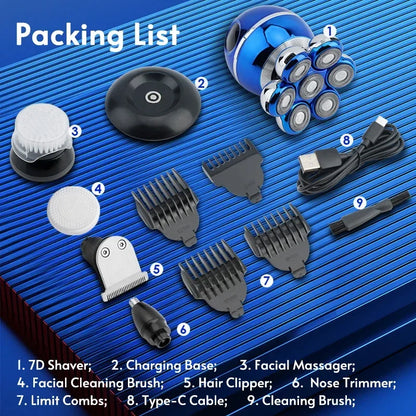 Packing list of a Aeqis 6 in 1 Shaving Kit For Men with various attachments on a blue textured background.