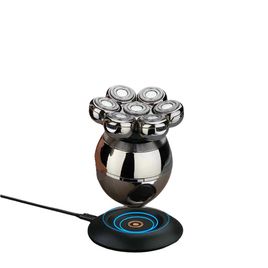 Aeqis 6 in 1 Shaving Kit For Men with multiple heads on a charging stand with blue indicator light on a white background