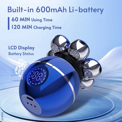 Blue and silver Aeqis 6 in 1 Shaving device with battery information on a blue background