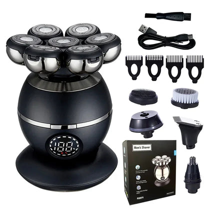 Black Aeqis 6 in 1 Shaving with multiple attachments and packaging on a white background