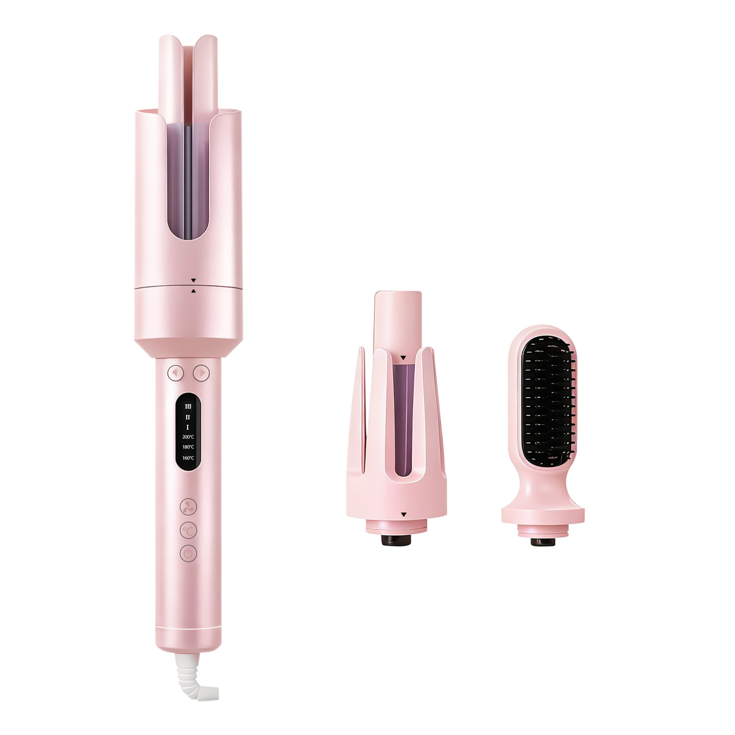 Pink Aeqis Automatic Rotating Curling Iron with attachments on a white background