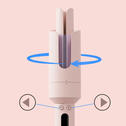 Hair Aeqis Automatic Rotating Curling Iron with a focus on the heating element on a pink background