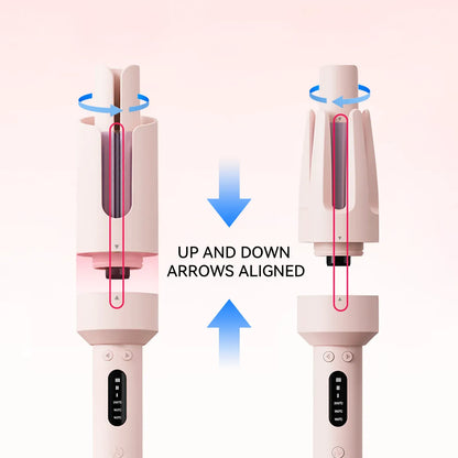 Hair Aeqis Automatic Rotating Curling Iron with arrows indicating correct alignment on a pink background