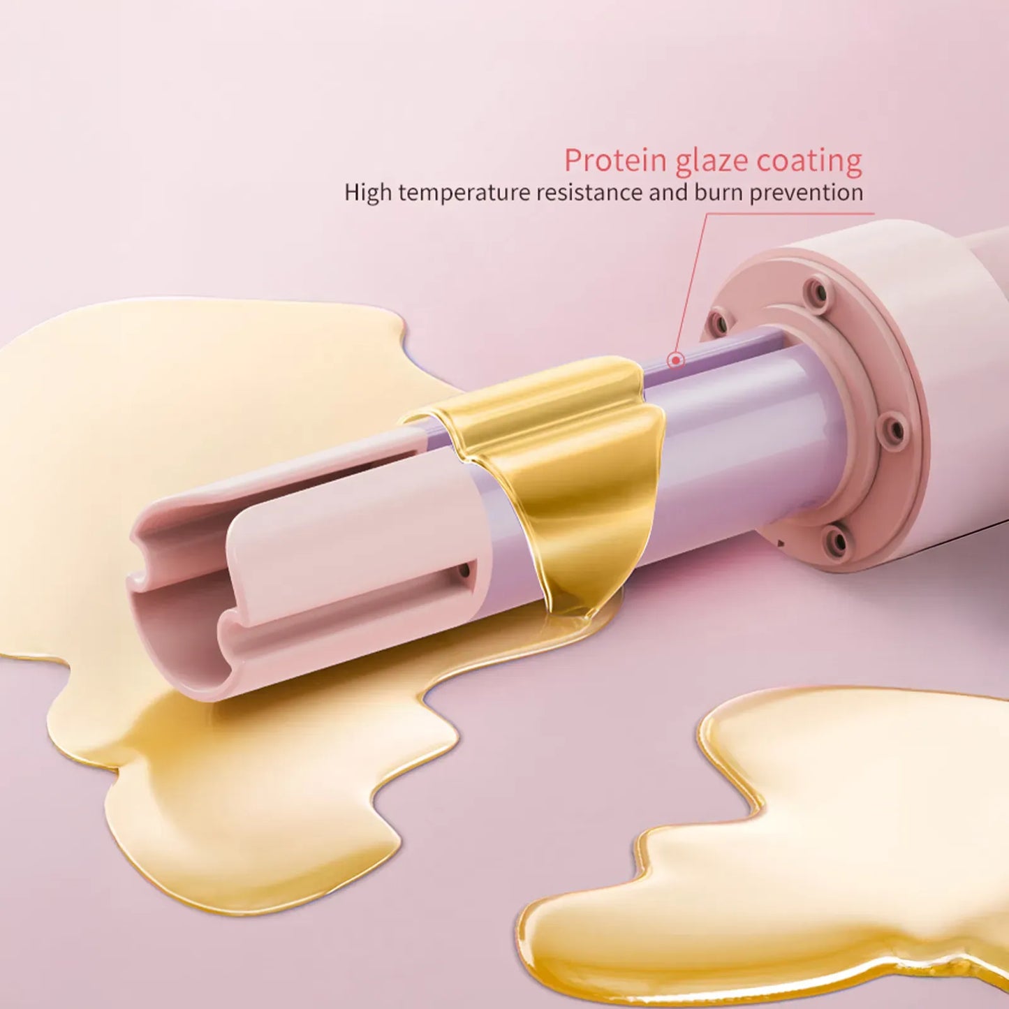 Pink and gold Aeqis Automatic Rotating Curling Iron with protein glaze coating on a pink background