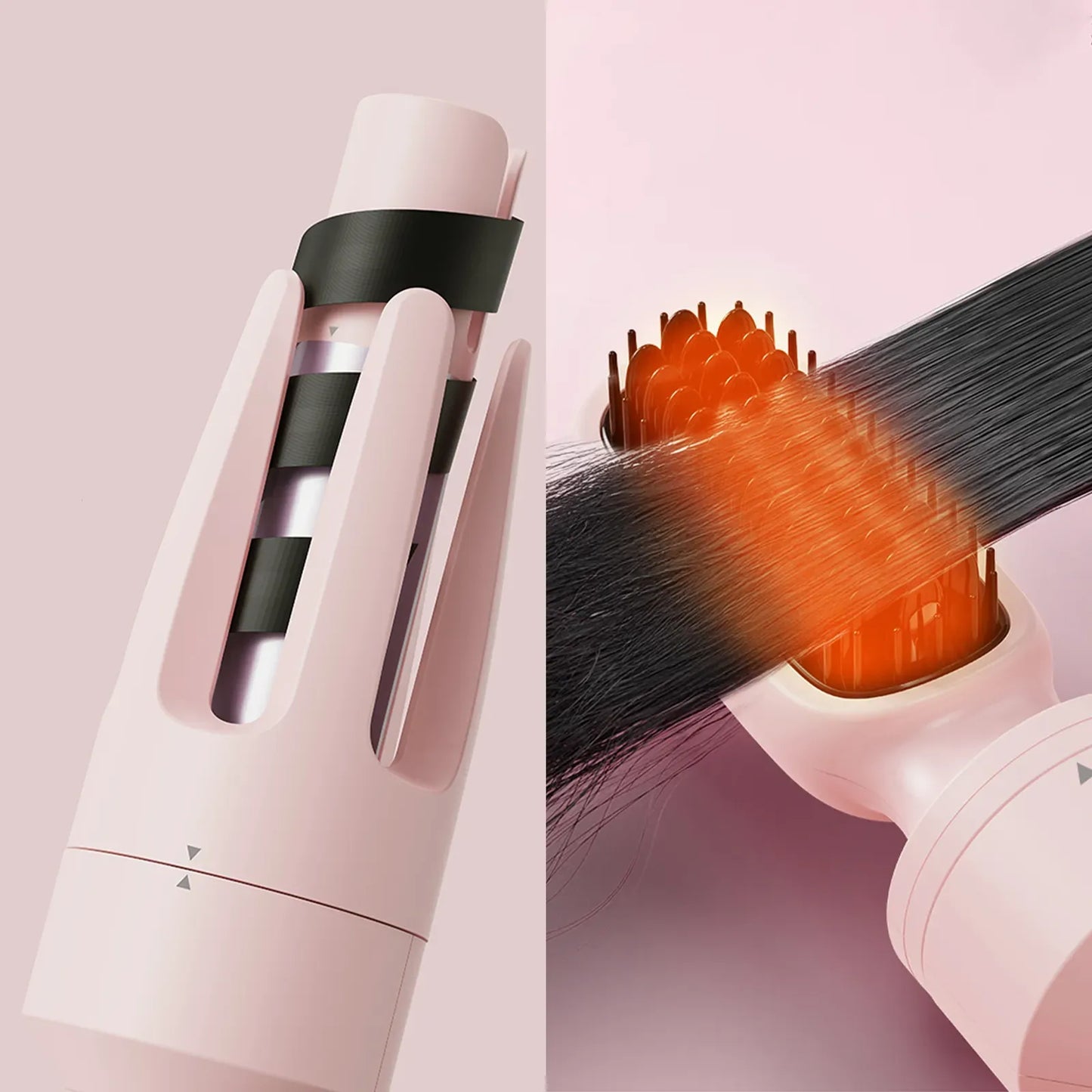 Pink Aeqis Automatic Rotating Curling Iron with black bristles on a pink background