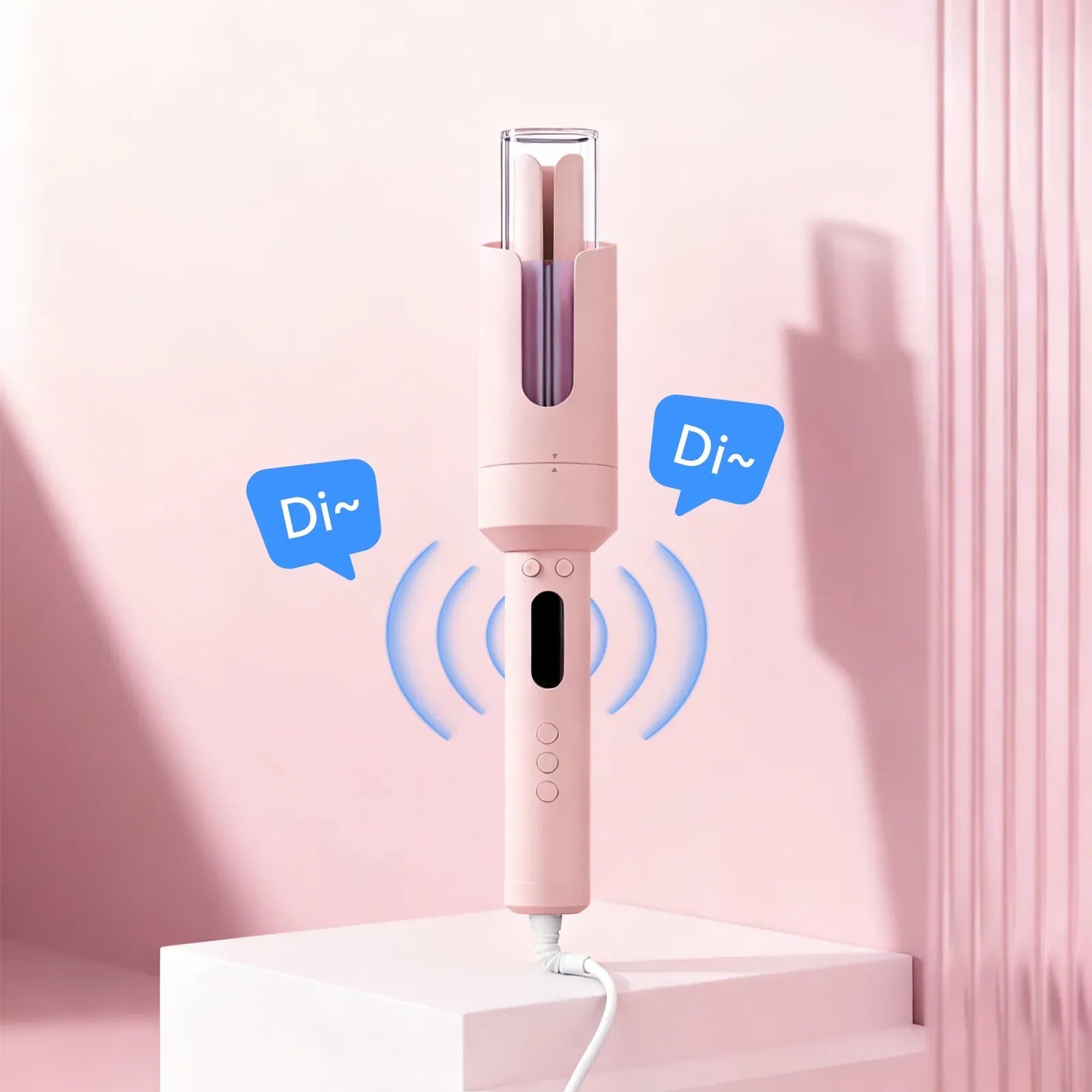 Pink hair Aeqis Automatic Rotating Curling Iron with wireless charging base on a pink background