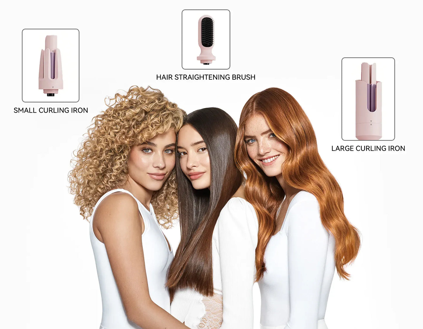 Three women with styled hair next to Aeqis Automatic Rotating Curling Iron, small curling iron, and large curling iron illustrations.