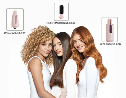 Three women with styled hair next to Aeqis Automatic Rotating Curling Iron, small curling iron, and large curling iron illustrations.