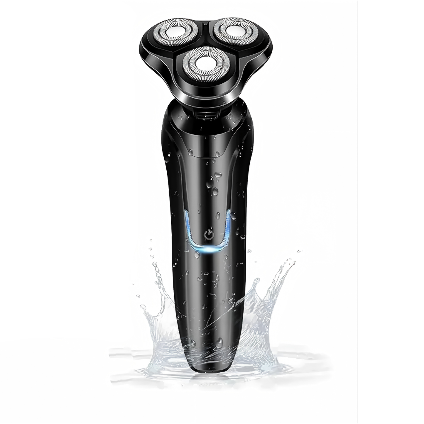 Black Aeqis Electric Shaver with water splashes on a white background