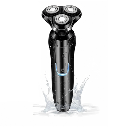 Black Aeqis Electric Shaver with water splashes on a white background