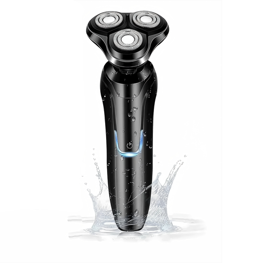 Black Aeqis Electric Shaver with water splashes on a white background