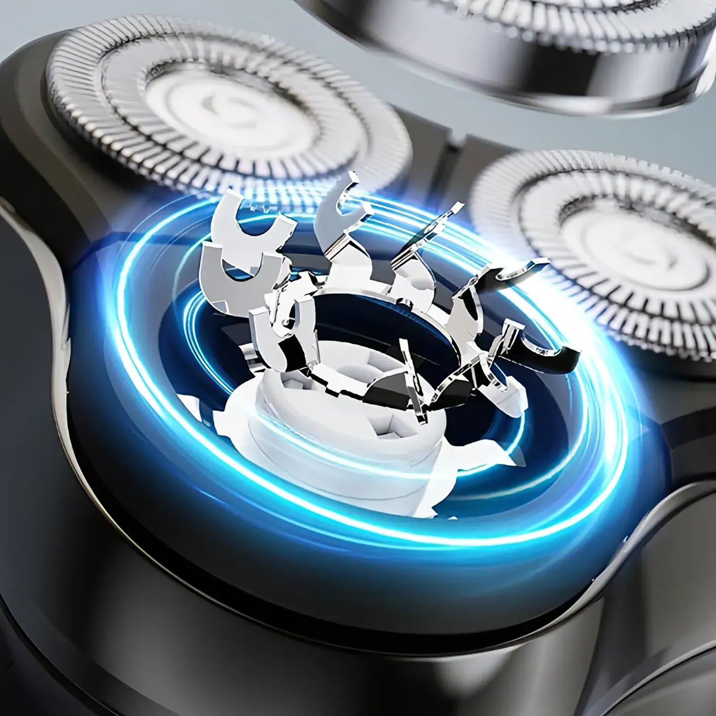 Close-up of a Aeqis Electric Shaver with blue light effect
