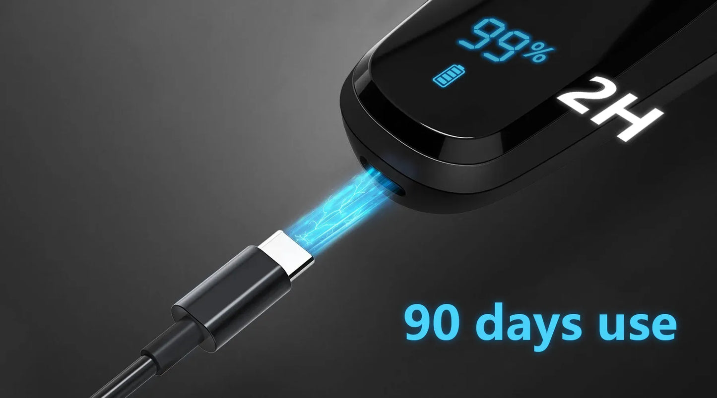 Aeqis Electric Shaver with digital display and USB cable on a dark background