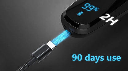 Aeqis Electric Shaver with digital display and USB cable on a dark background