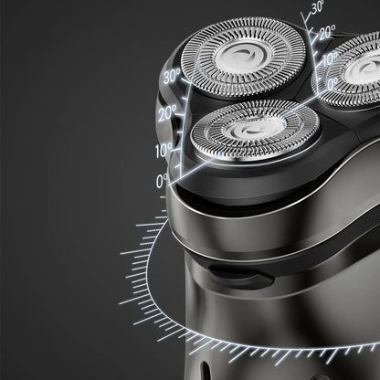 Close-up of a three-blade Aeqis Electric Shaver on a dark background