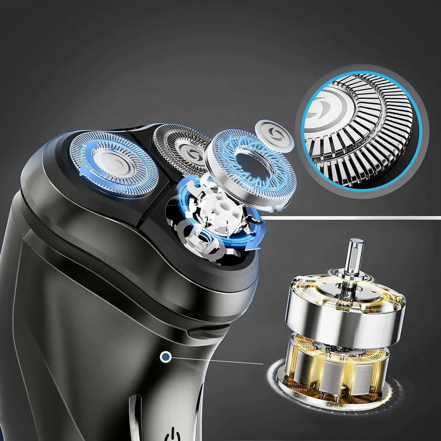 Aeqis Electric Shaver with detailed view of its components on a dark background