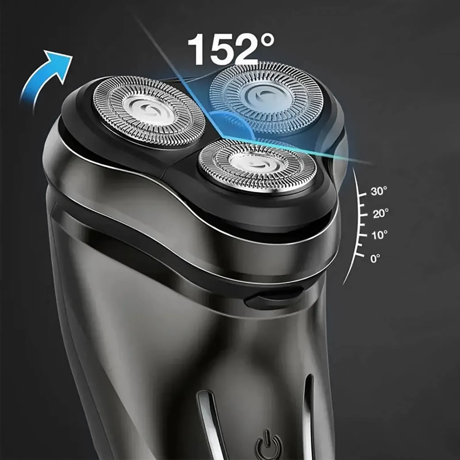Aeqis Electric Shaver with three rotating heads on a dark background