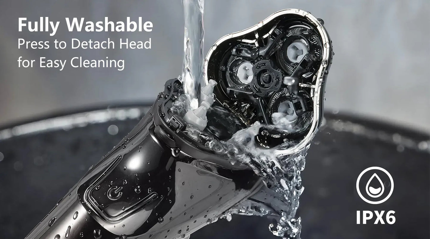 Aeqis Electric Shaver head being washed with water, labeled 'Fully Washable' and 'IPX6'.