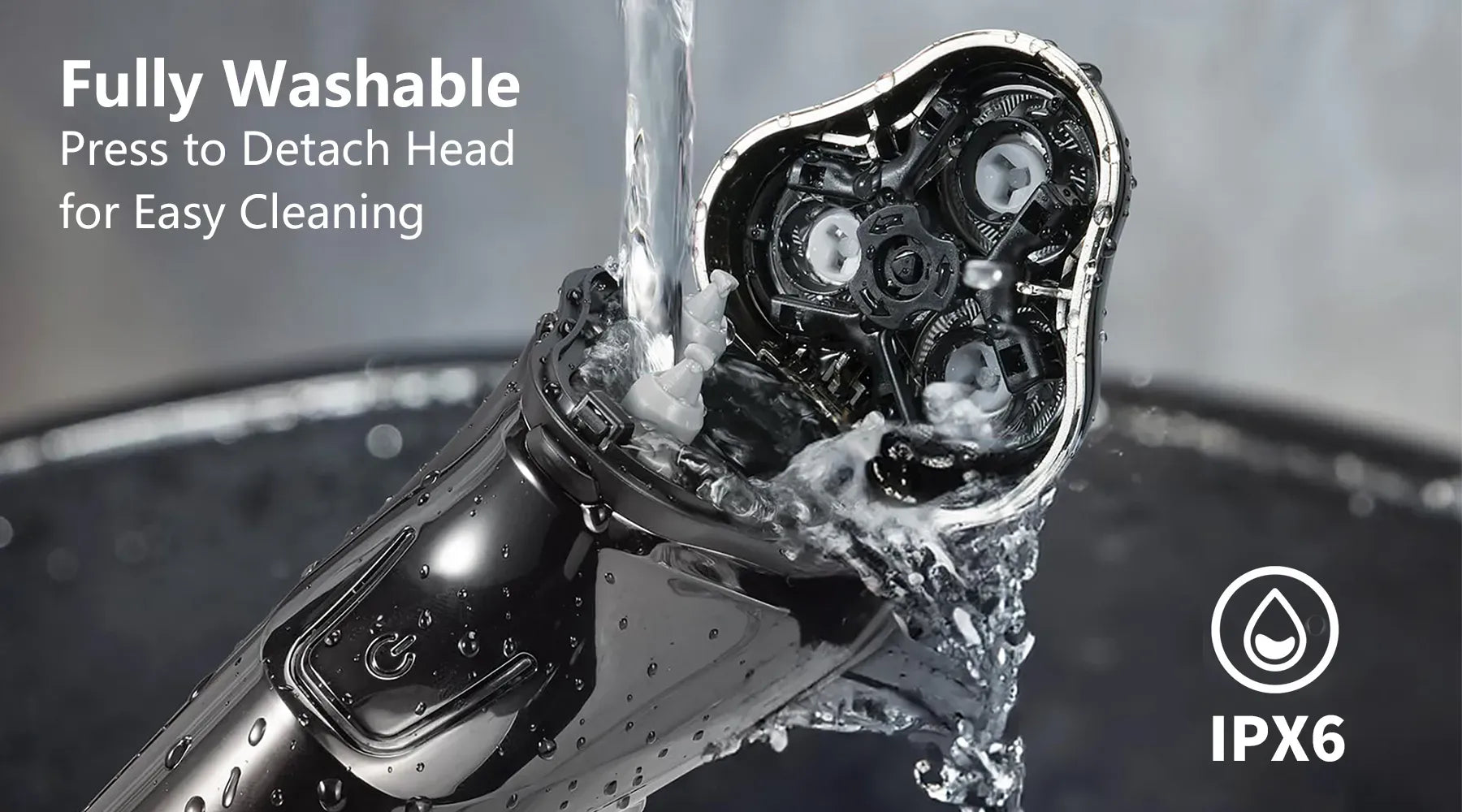 Aeqis Electric Shaver head being washed with water, labeled 'Fully Washable' and 'IPX6'.
