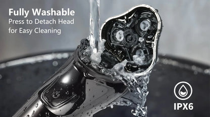 Aeqis Electric Shaver head being washed with water, labeled 'Fully Washable' and 'IPX6'.
