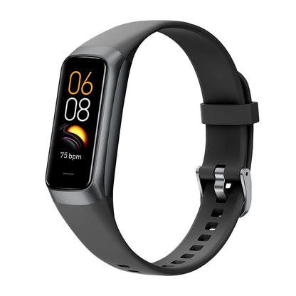 Black Aeqis Fitness Tracker with digital display on a white background
