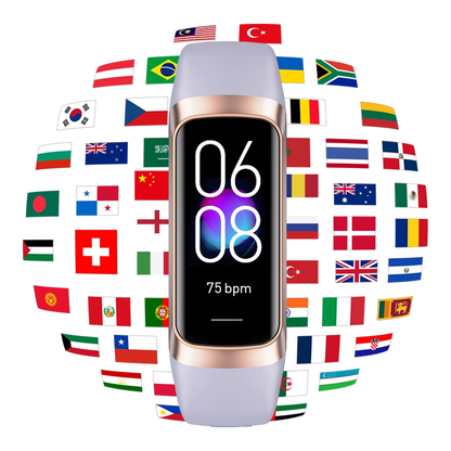 Aeqis Fitness Tracker with a display showing the time and heart rate, surrounded by various country flags on a white background.