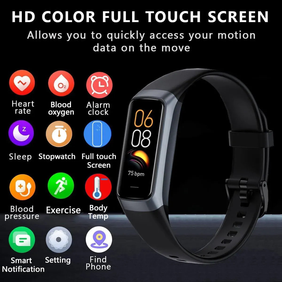Aeqis Fitness Tracker with full touch screen and various health monitoring functions on a dark background