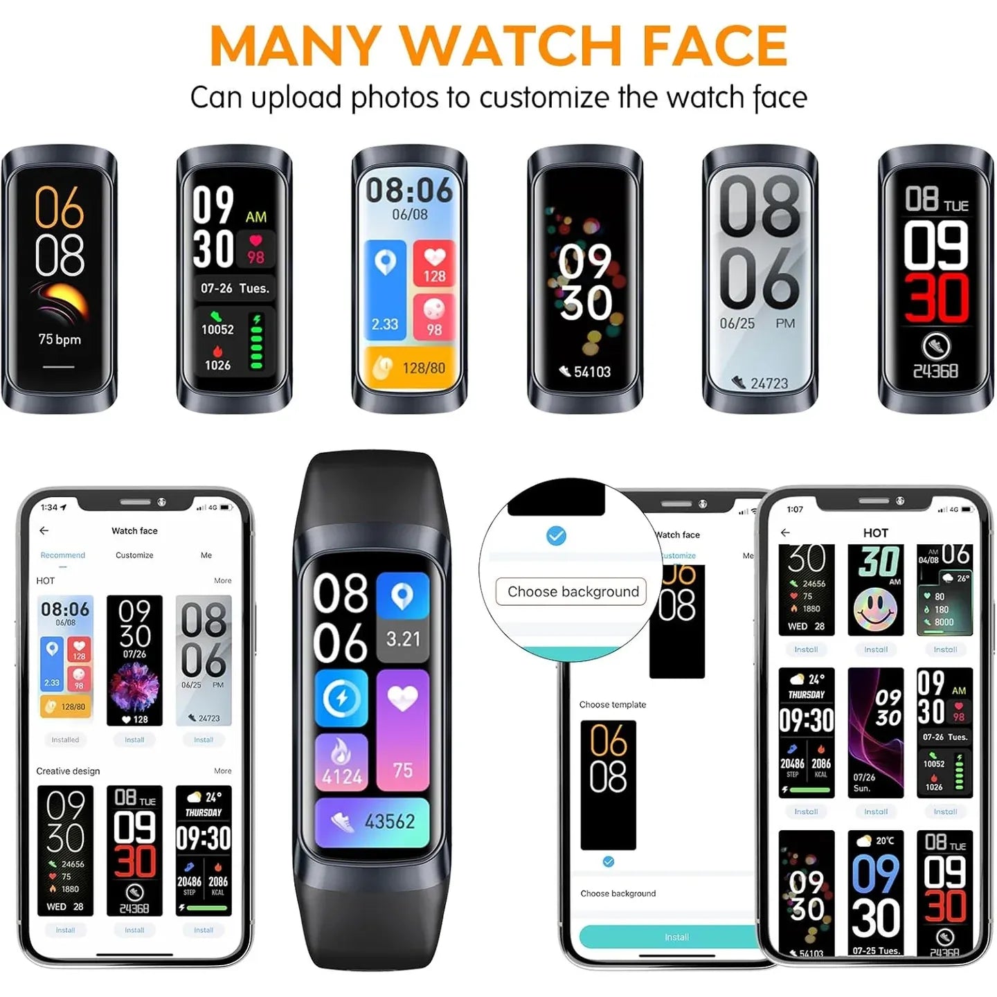 Collection of Aeqis Fitness Tracker with customizable watch faces on a white background