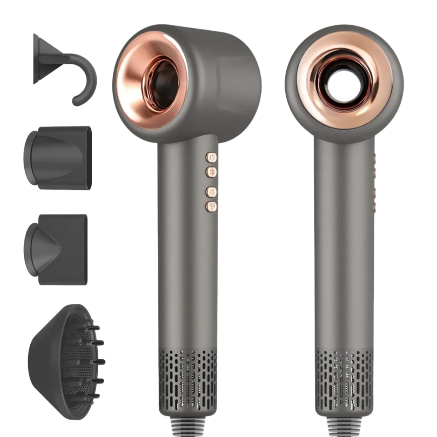 Gray and rose gold Aeqis Hairdryer with attachments on a white background